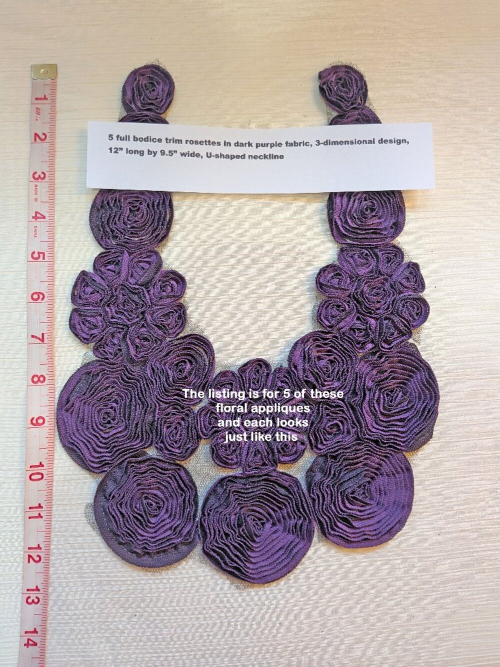 Set of 5 royal purple 3-D floral appliques, 12" x 9.5", U-shape neck, DIY ready